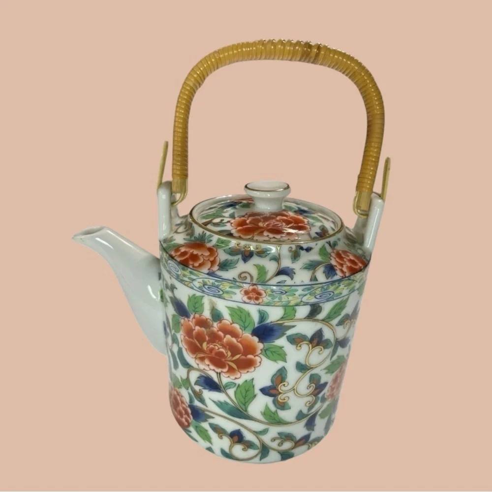Vintage Takahashi Style Japanese Porcelain Teapot Bamboo Handle Peony Sakura